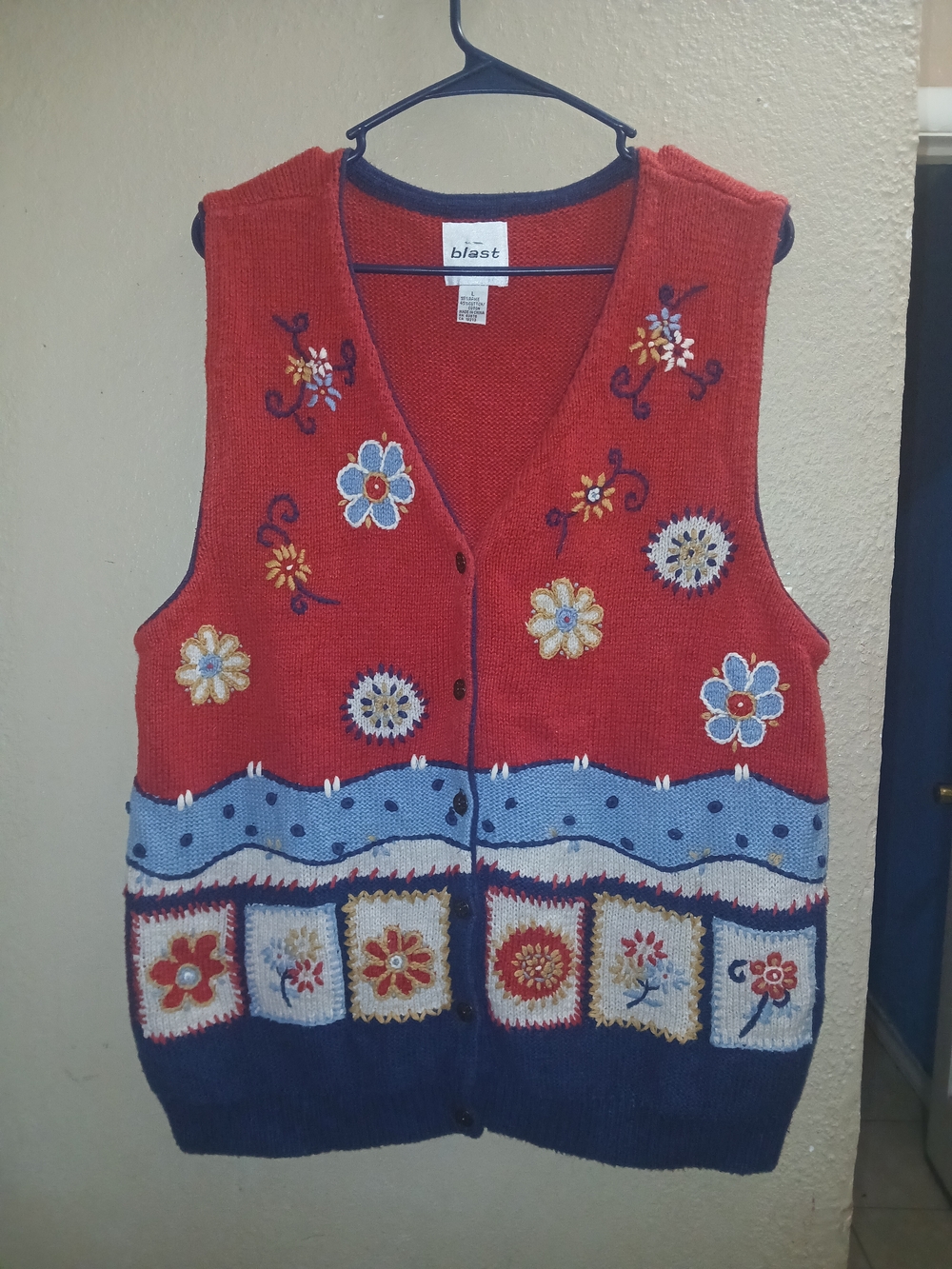Red Floral Embroidered Knit Vest